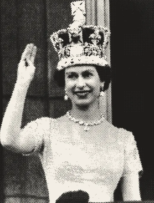 Halftone newspaper photograph. The Queen on the palace balcony after the Coronation.
