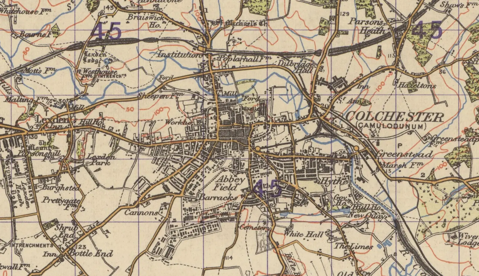 A colour-printed 1930s Ordnance Survey map of Colchester: brown main roads, the railway, the River Colne, Lexden to the west and Wivenhoe to the south east