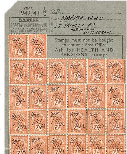 Photograph of a 1942 to 1943 health insurance card covered in orange weekly stamps
