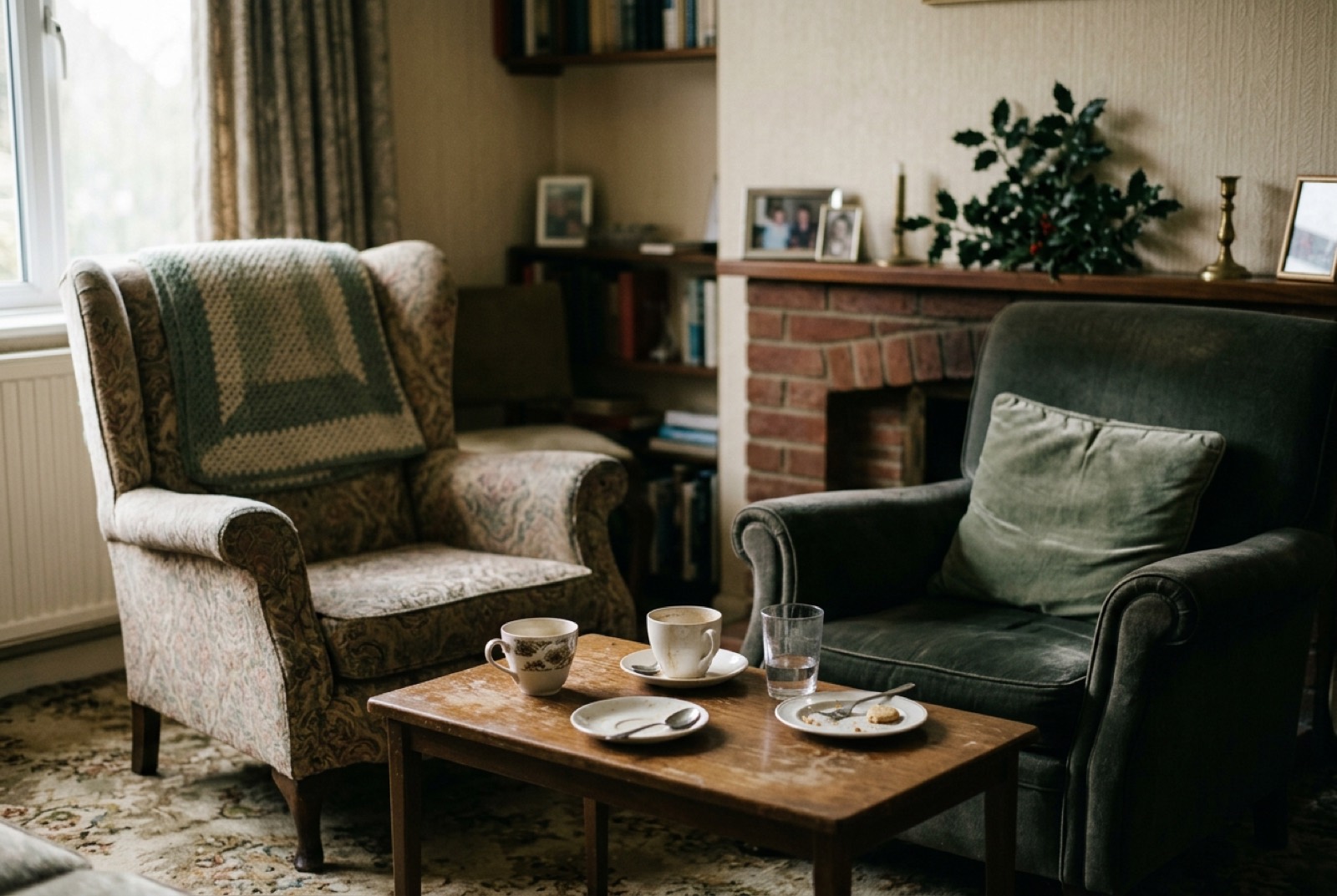 Two armchairs pulled towards each other in an ordinary sitting room, with used tea cups on a low table between them
